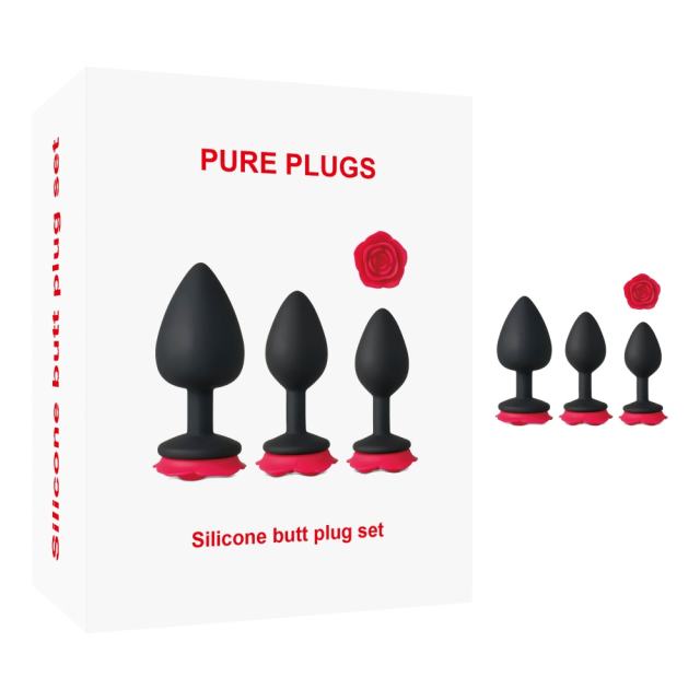 3-Piece Silicone Butt Plug Set with Rose-Shaped Red Base