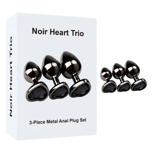 3 Sizes Metal Anal Plug Set with Black Heart Gem Base
