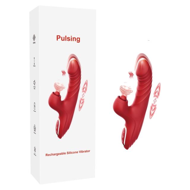 Customizable  10-Speed Red Silicone Waterproof Rechargeable Vibrator with Pulsing and Thrusting Functions