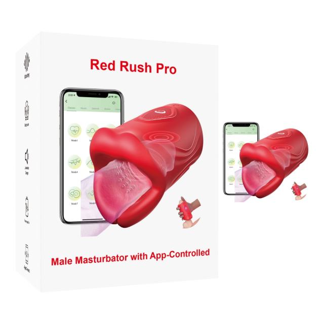Customizable 3.94 Inch Red 9-Speed App-Controlled Waterproof Rechargeable Silicone Tongue Male Masturbator