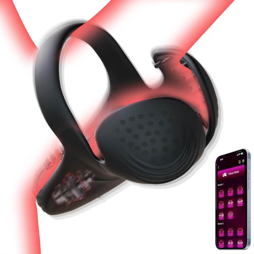 10 Vibrating Modes Rechargeable Waterproof Black App-Controlled Vibrating Cock Ring with Ball Holder