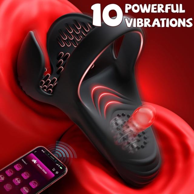 10 Vibrating Modes Rechargeable Waterproof Black App-Controlled Vibrating Cock Ring with Ball Holder