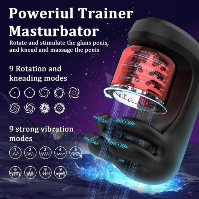 Black & Red Automatic Male Masturbator – 9 Vibrating + 9 Kneading + 9 Rotating Modes Rechargeable Penis Stroker