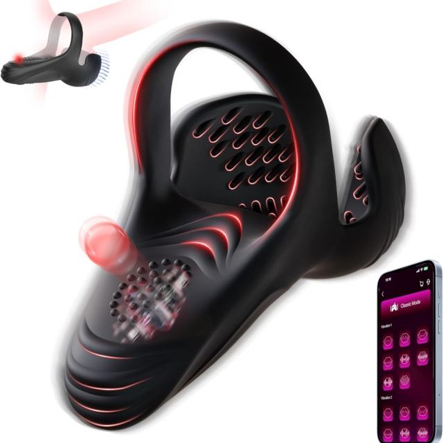 10 Vibrating Modes Rechargeable Waterproof Black App-Controlled Vibrating Cock Ring with Ball Holder