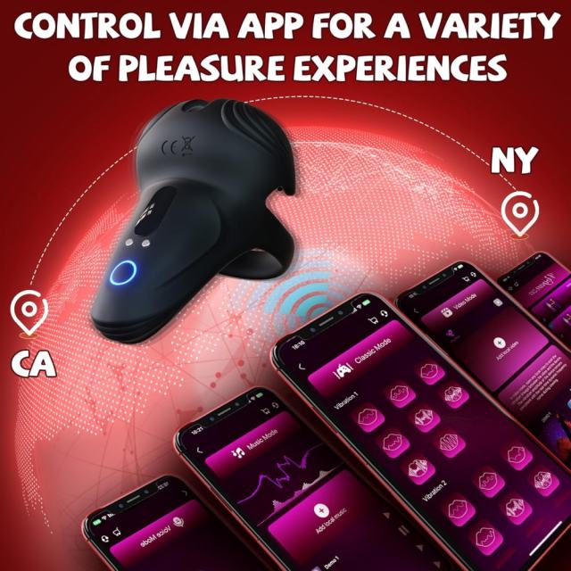 10 Vibrating Modes Rechargeable Waterproof Black App-Controlled Vibrating Cock Ring with Ball Holder