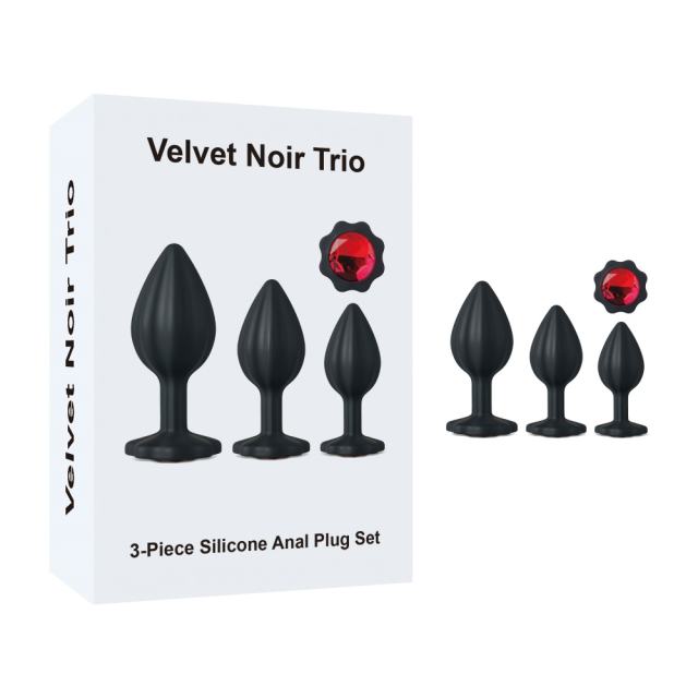 Customizable  Black 3-Piece ABS Butt Plugs Set with Red Round Gem Base