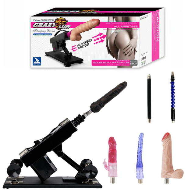 Black Adjustable Thrusting Sex Machine with 6 Attachments & Plug-In Power – 85° Angle Adjustment