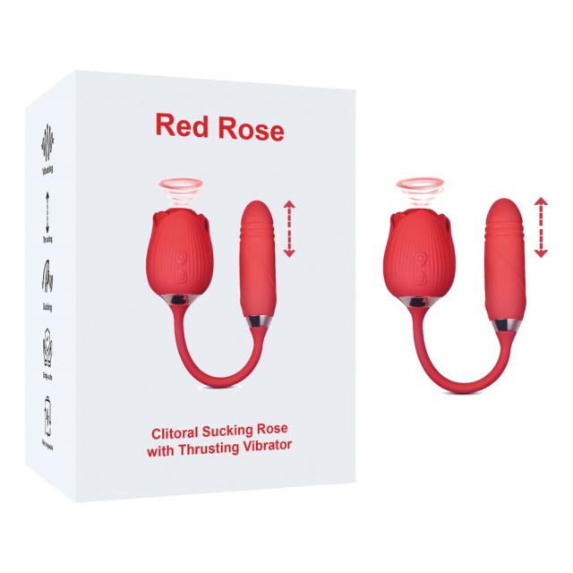 Customizable 10-Speed Red Color Silicone Clitoral Sucking Rose with Thrusting Vibrator