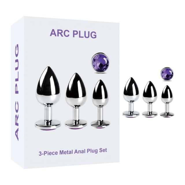 Customizable Metal Butt Plug Set with Purple Round Gem Base