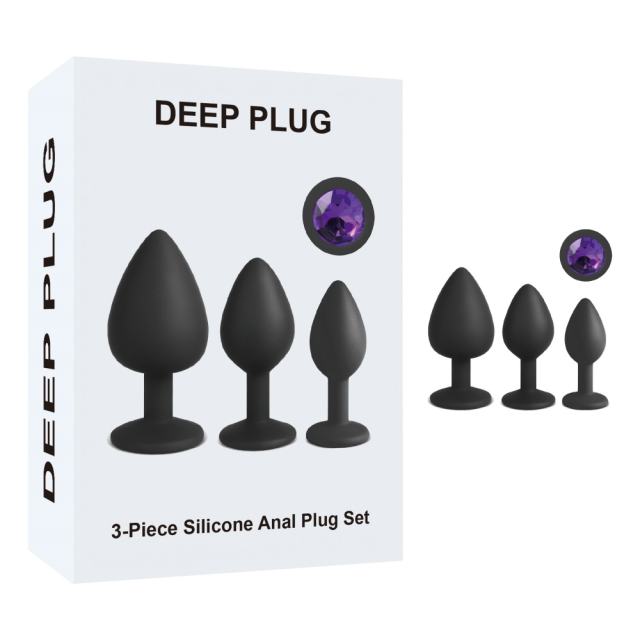 Black Color Silicone Butt Plug Set with Purple Round Gem Base