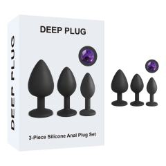 Customizable Black Color Silicone Butt Plug Set with Purple Round Gem Base