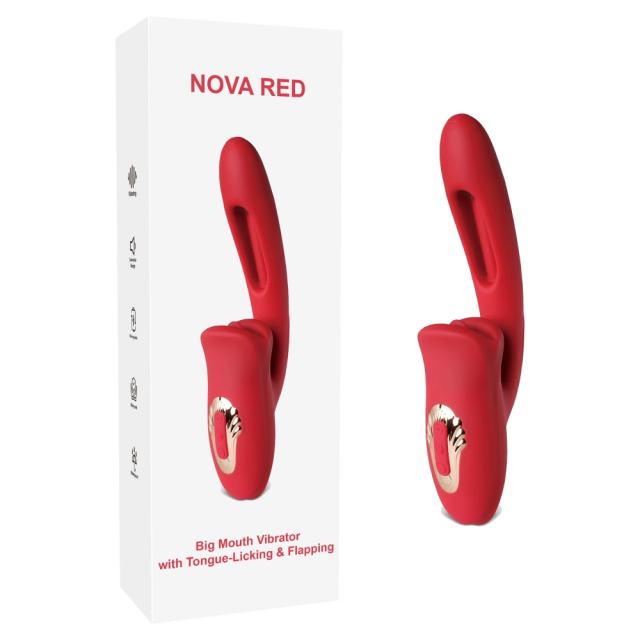 Customizable 10-Speed Red Silicone Rechargeable Big Mouth Vibrator with Tongue-Licking & Flapping