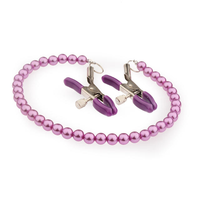 Purple Metal Nipple Clamps with Bead Chain – Adjustable Silicone Tip BDSM Clamp Set