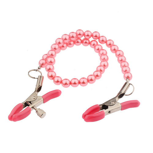 Pink Metal Nipple Clamps with Bead Chain – Adjustable Silicone Tip BDSM Clamp Set