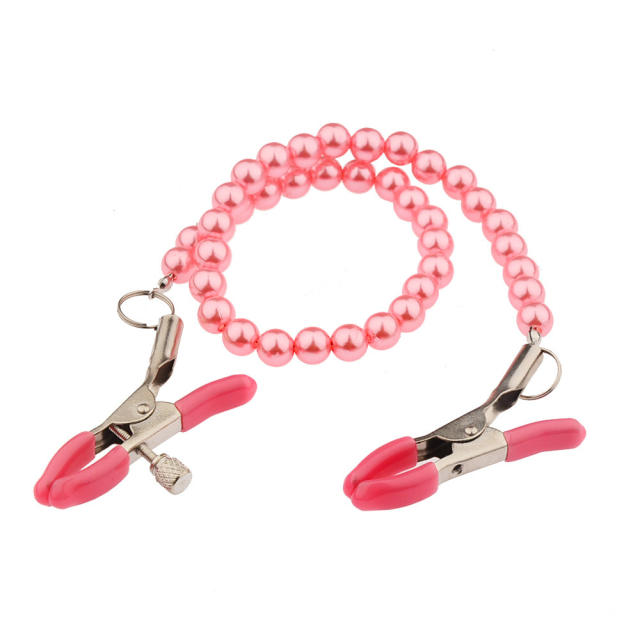 Pink Metal Nipple Clamps with Bead Chain – Adjustable Silicone Tip BDSM Clamp Set