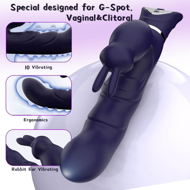 10 Vibrating Modes Dark Blue Rechargeable Waterproof Rabbit Vibrator with G-Spot & Clitoral Stimulation