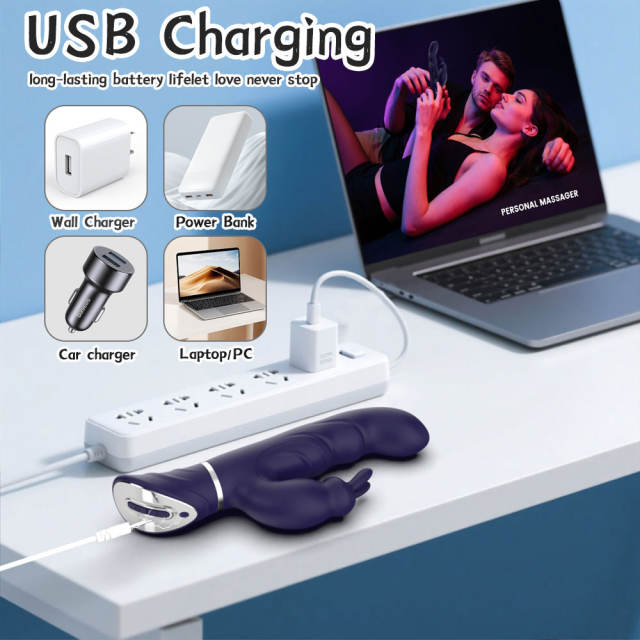10 Vibrating Modes Dark Blue Rechargeable Waterproof Rabbit Vibrator with G-Spot & Clitoral Stimulation