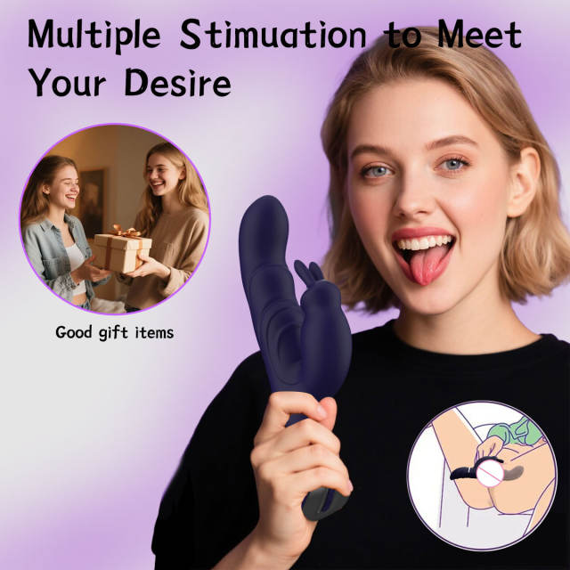 10 Vibrating Modes Dark Blue Rechargeable Waterproof Rabbit Vibrator with G-Spot & Clitoral Stimulation