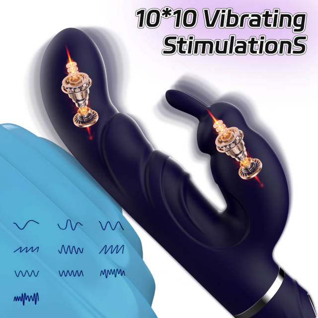 10 Vibrating Modes Dark Blue Rechargeable Waterproof Rabbit Vibrator with G-Spot & Clitoral Stimulation
