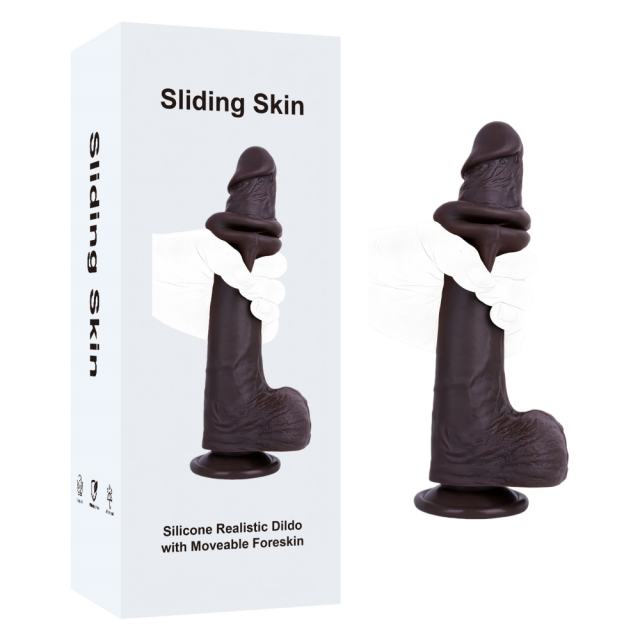 Customizable 10.24'' Dark Brown Silicone Realistic Dildo with Moveable Foreskin and Strong Suction Cup