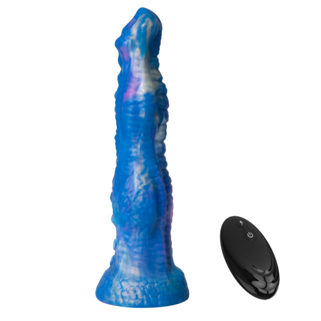 8.67" Blue Multicolor Rechargeable Remote Control Silicone Thrusting Fantasy Dildo – 8 Vibrating + 3 Thrusting Modes with Suction Base