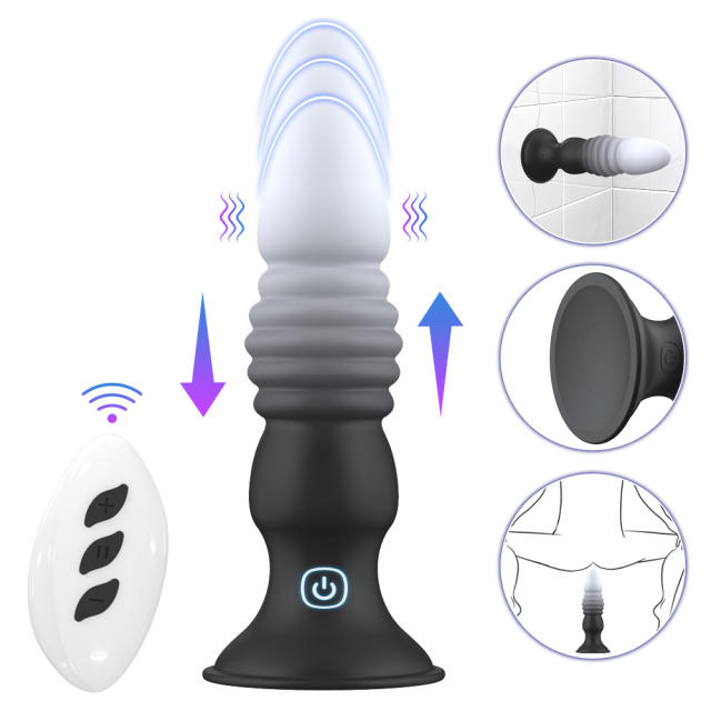 5.71" Black & White Rechargeable Remote Control Silicone Thrusting Anal Plug – 7 Vibrating + 7 Thrusting Modes with Suction Base