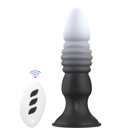 5.71" Black & White Rechargeable Remote Control Silicone Thrusting Anal Plug – 7 Vibrating + 7 Thrusting Modes with Suction Base