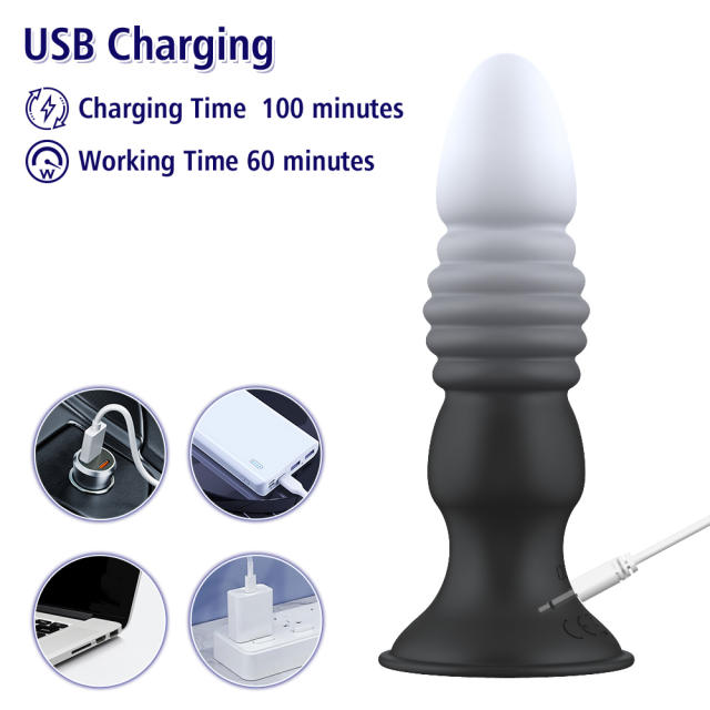 5.71" Black & White Rechargeable Remote Control Silicone Thrusting Anal Plug – 7 Vibrating + 7 Thrusting Modes with Suction Base