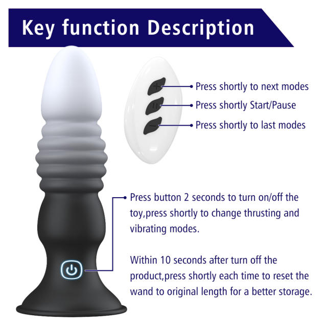 5.71" Black & White Rechargeable Remote Control Silicone Thrusting Anal Plug – 7 Vibrating + 7 Thrusting Modes with Suction Base
