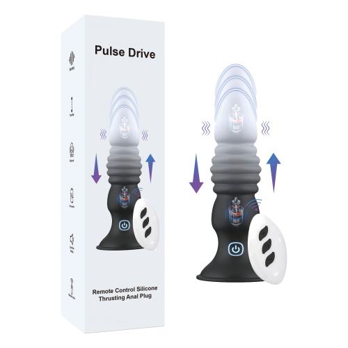 5.71" Black & White Rechargeable Remote Control Silicone Thrusting Anal Plug – 7 Vibrating + 7 Thrusting Modes with Suction Base