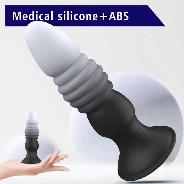 5.71" Black & White Rechargeable Remote Control Silicone Thrusting Anal Plug – 7 Vibrating + 7 Thrusting Modes with Suction Base