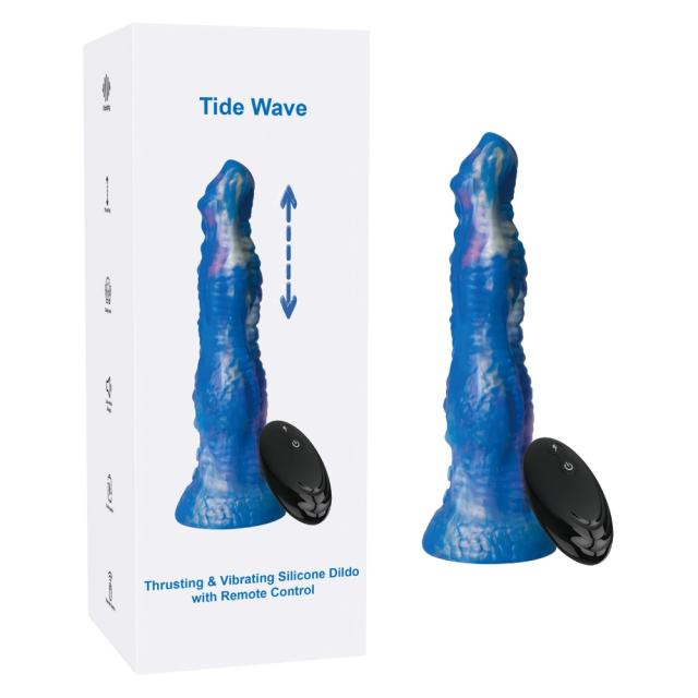 8.67" Blue Multicolor Rechargeable Remote Control Silicone Thrusting Fantasy Dildo – 8 Vibrating + 3 Thrusting Modes with Suction Base