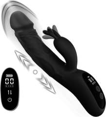 9.14" Black Rechargeable Silicone Rabbit Vibrator – 9 Vibrating Modes & 9 Thrusting Modes Dual Stimulation