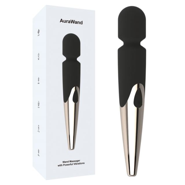 12.02'' Black & Champagne Gold Wand Massager – 10 Modes, Powerful Vibrations, Plug-In Rechargeable, Waterproof
