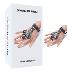 Gothic Skeleton Backhand PU Harness with Chains – Adjustable Wrist Fit, Finger Ring Loop