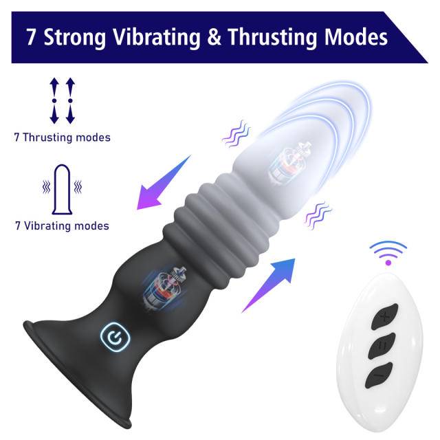 5.71" Black & White Rechargeable Remote Control Silicone Thrusting Anal Plug – 7 Vibrating + 7 Thrusting Modes with Suction Base
