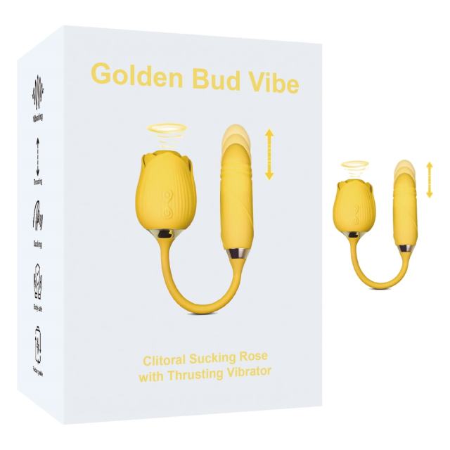 Customizable 10-Speed Yellow Color Silicone Clitoral Sucking Rose with Thrusting Vibrator