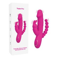 Customizable 8.59’’ Magenta Rechargeable 10-Mode Triple-Stim Silicone Vibrator with Beaded Anal Tail