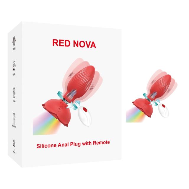 Customizable Red Rechargeable 360° Rotating Silicone Vibrating Anal Plug with Remote Control, Light-Up &amp; Rose-Shaped Base