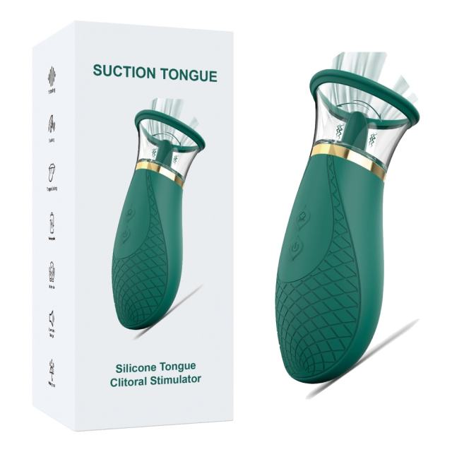Customizable 3-Mode Sucking and 9-Mode Tongue-Licking Green Rechargeable Silicone Clitoral Stimulator with USB Magnetic Charging