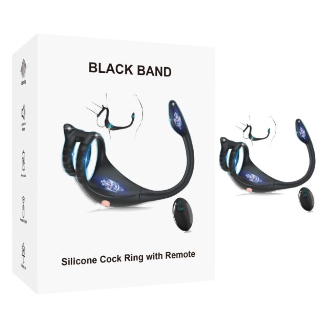 Customizable 9-Speed Black Rechargeable Remote Control Silicone Vibrating Cock Rings with Mini Bullet