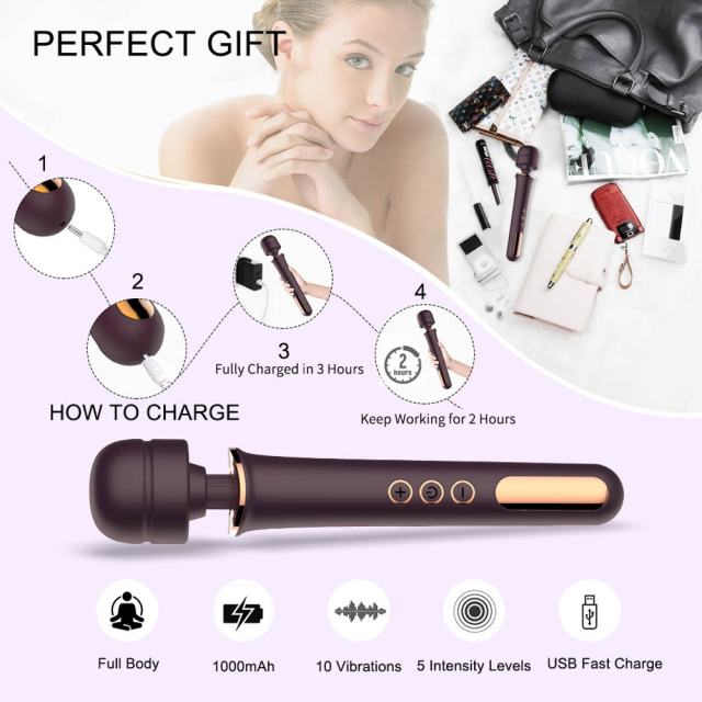 13.00" Dark Purple Rechargeable Silicone Wand Massager – 10 Vibrating Modes Powerful Full-Body Stimulation