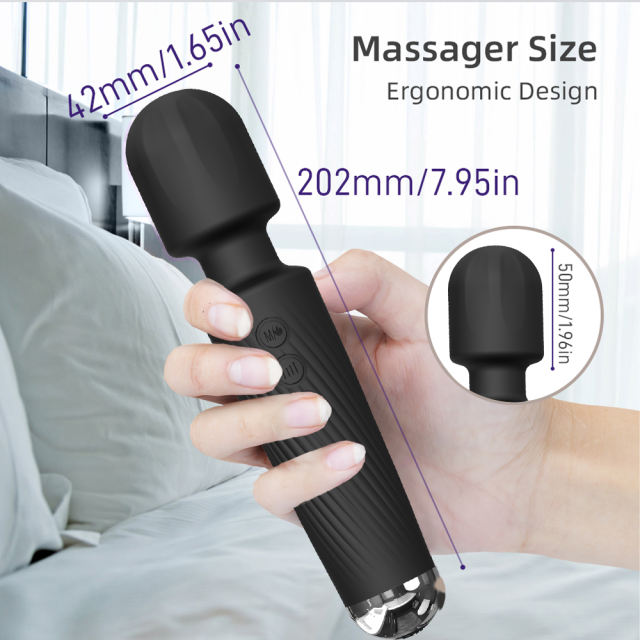 7.88" Black Rechargeable Silicone App-Controlled Wand Vibrator – 20 Vibrating Modes with Click Stimulation Head