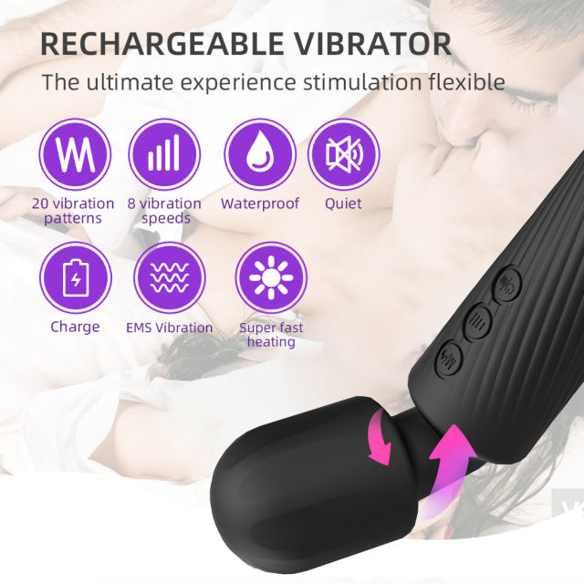 7.88" Black Rechargeable Silicone App-Controlled Wand Vibrator – 20 Vibrating Modes with Click Stimulation Head
