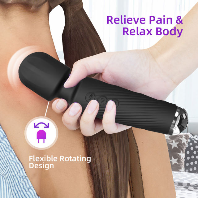 7.88" Black Rechargeable Silicone App-Controlled Wand Vibrator – 20 Vibrating Modes with Click Stimulation Head