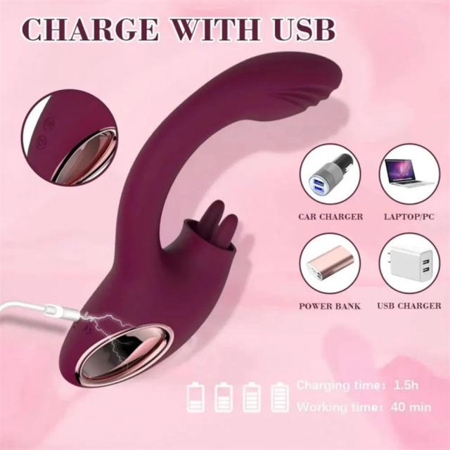 8.59" Magenta Rechargeable Silicone Rabbit Vibrator – 7 Vibrating + 7 Tongue Licking Modes Dual Stimulation Design