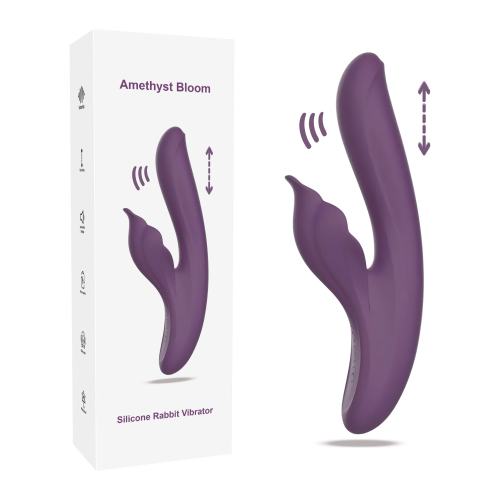 Customizable 9.46" Dark Purple Rechargeable Silicone Rabbit Vibrator – 10 Vibrating + 7 Thrusting + 5 Tapping Modes Triple Stimulation Design
