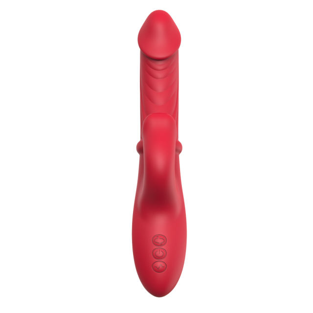 9.65" Red Rechargeable Silicone Rabbit Vibrator – 10 Vibrating + 10 Licking + 7 Thrusting + 7 Beads Motion Modes