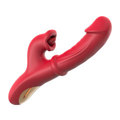 9.65" Red Rechargeable Silicone Rabbit Vibrator – 10 Vibrating + 10 Licking + 7 Thrusting + 7 Beads Motion Modes