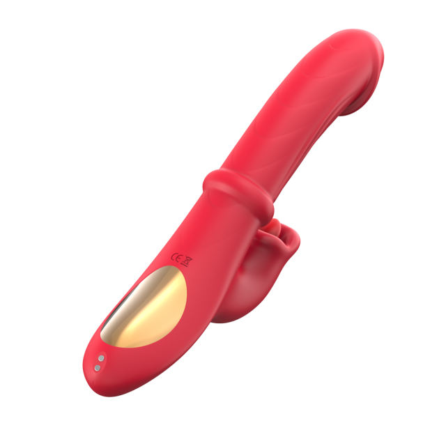 9.65" Red Rechargeable Silicone Rabbit Vibrator – 10 Vibrating + 10 Licking + 7 Thrusting + 7 Beads Motion Modes